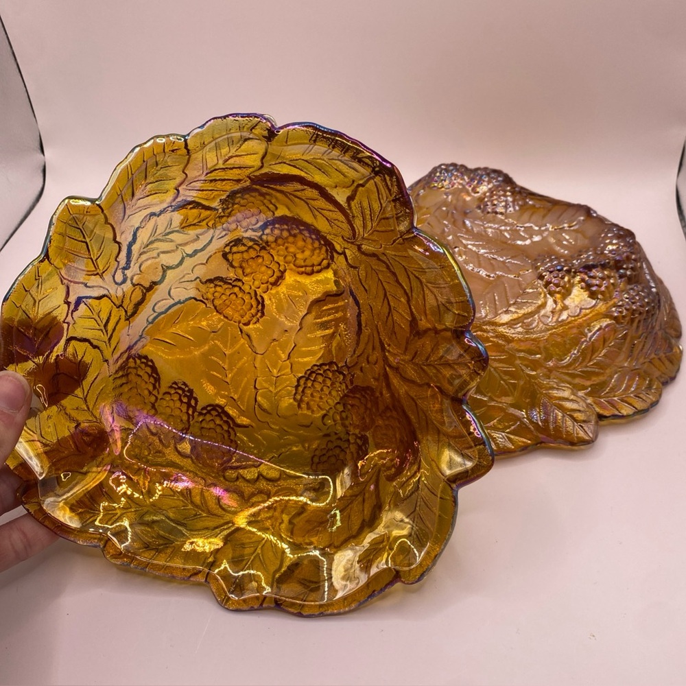 Vintage Indiana Glass Loganberry Iridescent Amber Carnival Glass Bowl Lot Of 2